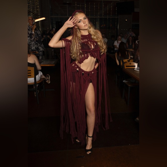 Handmade Wine Red Macramé Dress Unique Small - Picture 1 of 16